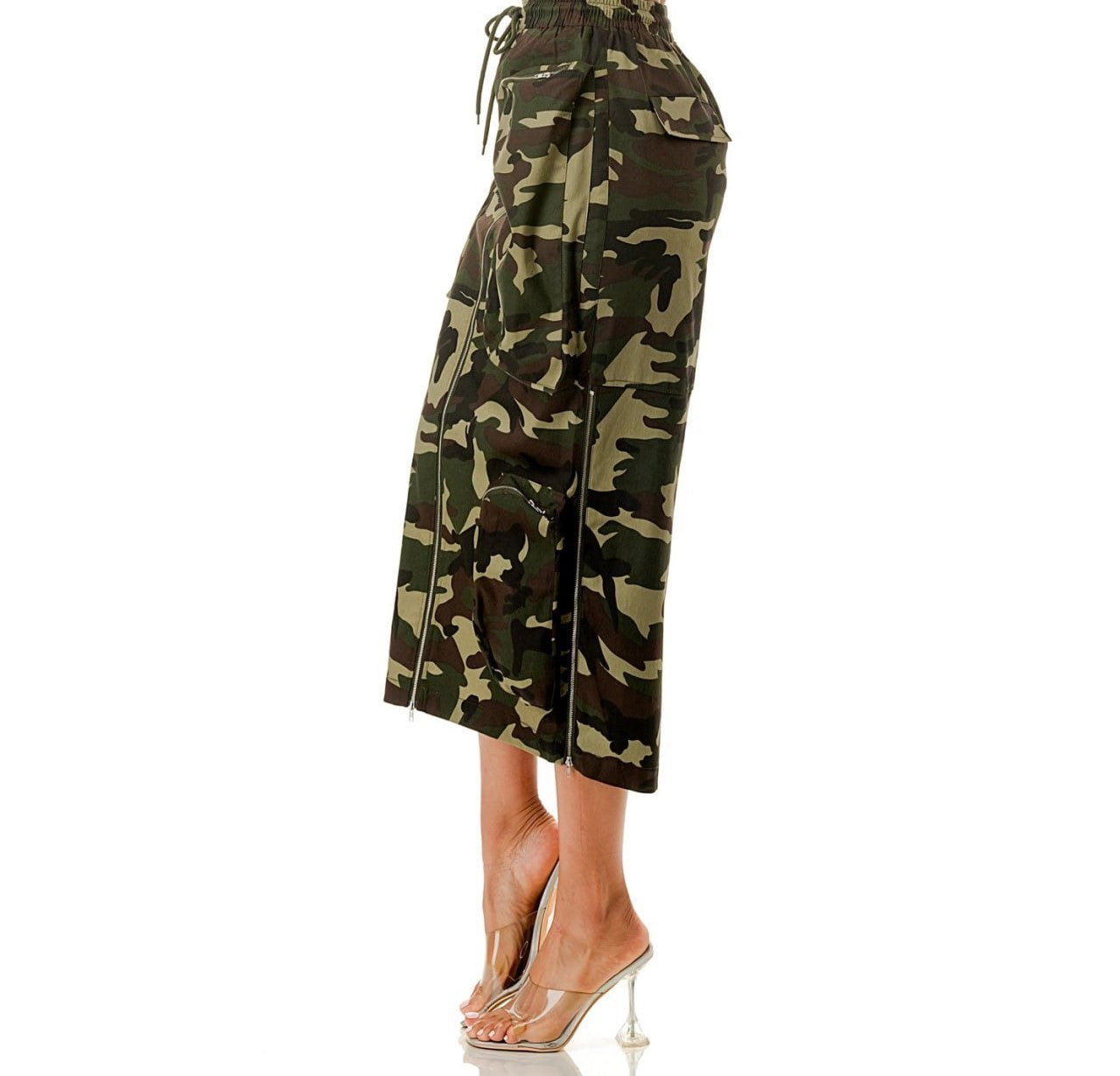 Zipper Front Utility Pockets Cargo Midi Skirt