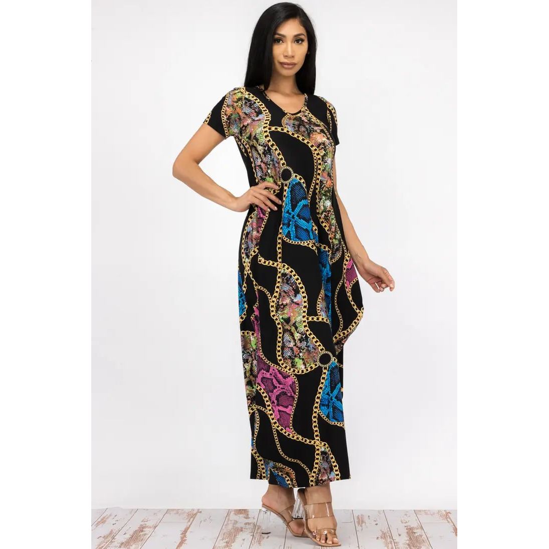 Black Multi-Colored Chain Maxi Dress with Pockets