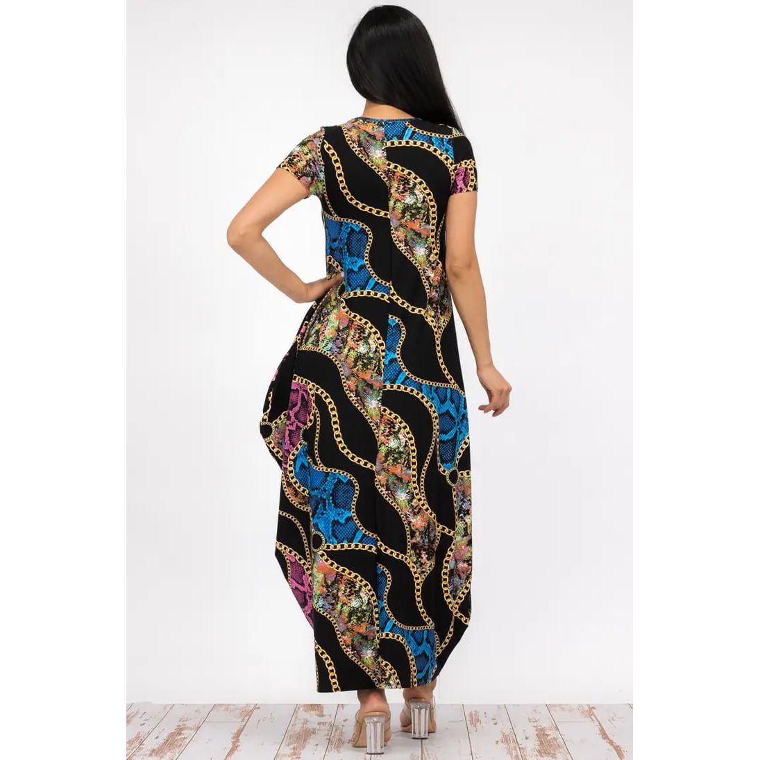 Black Multi-Colored Chain Maxi Dress with Pockets