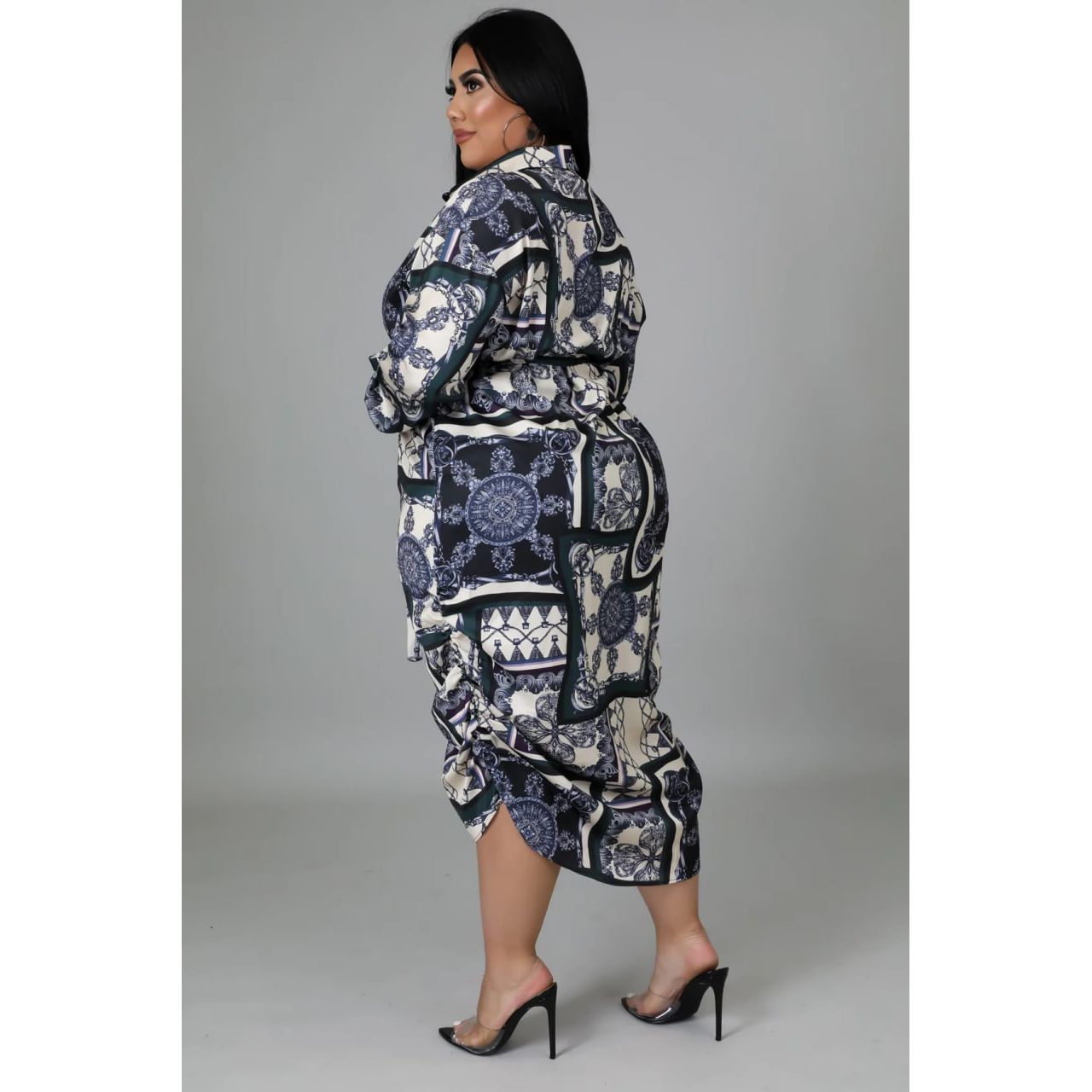 Green, Beige, Purple Patterned Shirt Dress